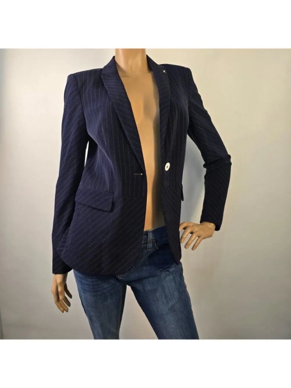Tommy Hilfiger Blazer Jacket Classic Navy Blue Pinstripe 1 Button Front Sz 4